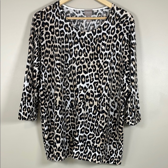 Chico's Sweaters - CHICO’S XL Leopard Print Linen Blend Round Neck 3/4 Sleeve Sweater Lightweight